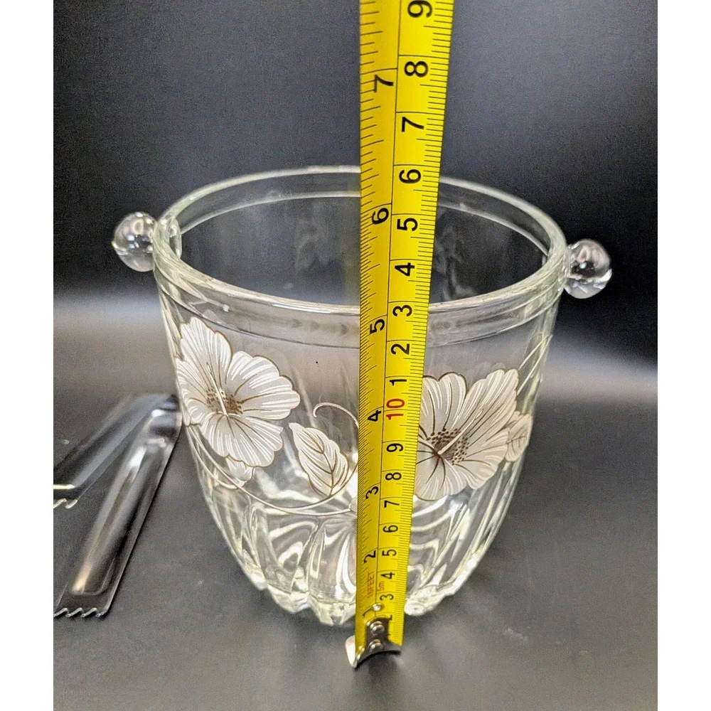 Vintage Mid Century Floral Etched Ice Bucket with Tongs